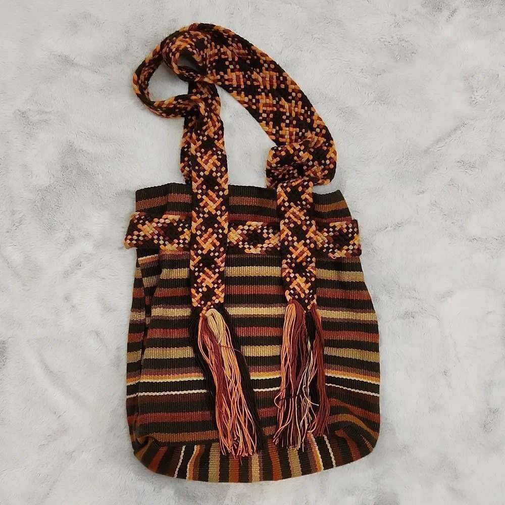 Handwoven Boho Woven Bucket Crossbody Bag Tribal Stripe Wood Bead Tassels - Picture 6 of 10
